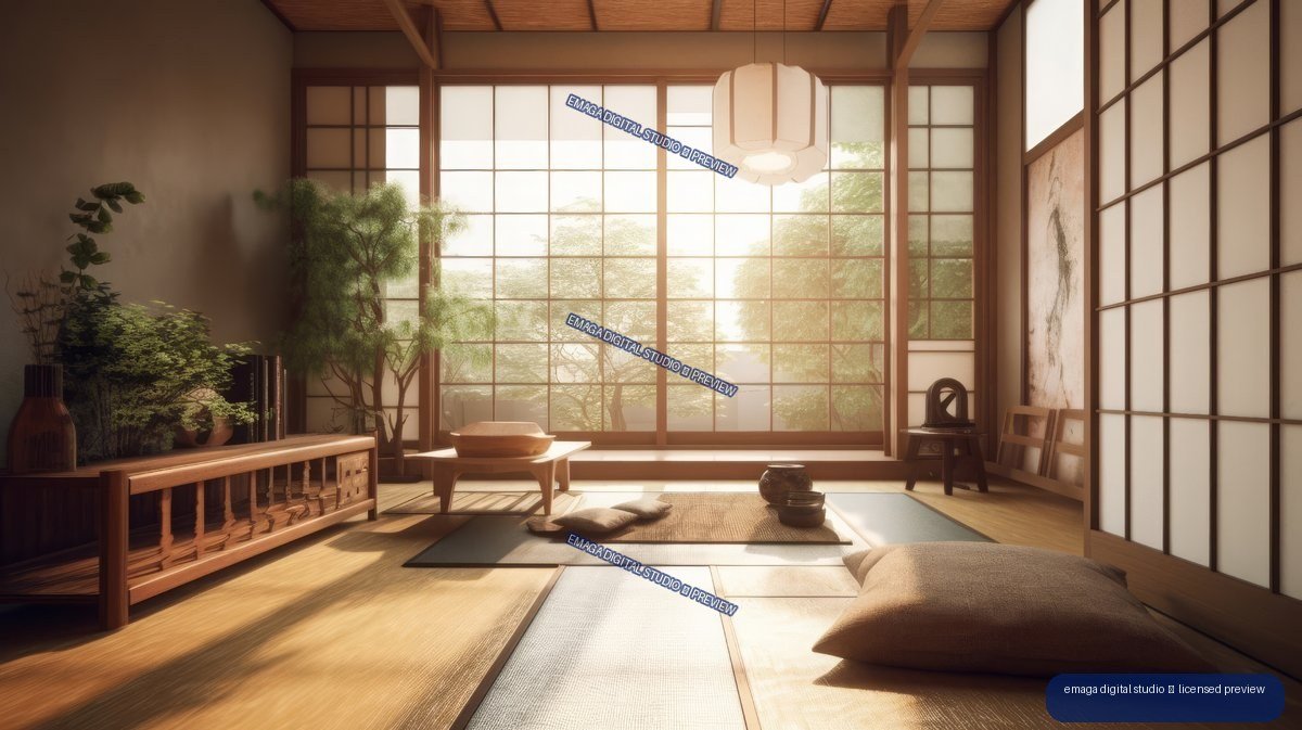 Sunlit Japandi living room with shoji screens, tatami mats, low table, cushions, plants, and wooden furnishings.