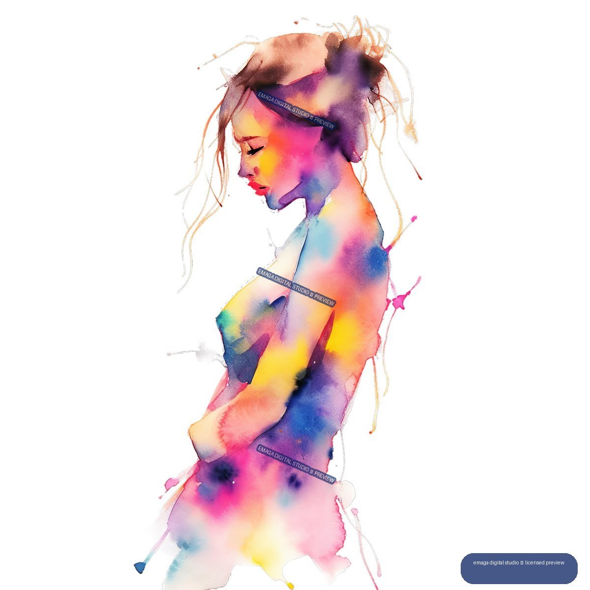 Colorful watercolor portrait of a woman in left-facing profile with closed eyes and loosely gathered hair, rendered in flowing pink, purple, blue, yellow, and turquoise washes.