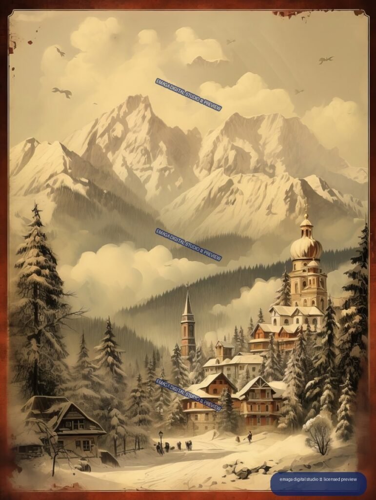 Vintage-style poster of a snowy Zakopane village with alpine mountains, evergreen trees, chalets, and a church tower.