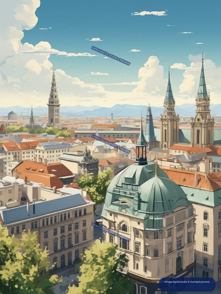 Illustrated aerial view of Vienna with historic rooftops, church spires, a large green dome, distant mountains, and a blue cloud-filled sky.