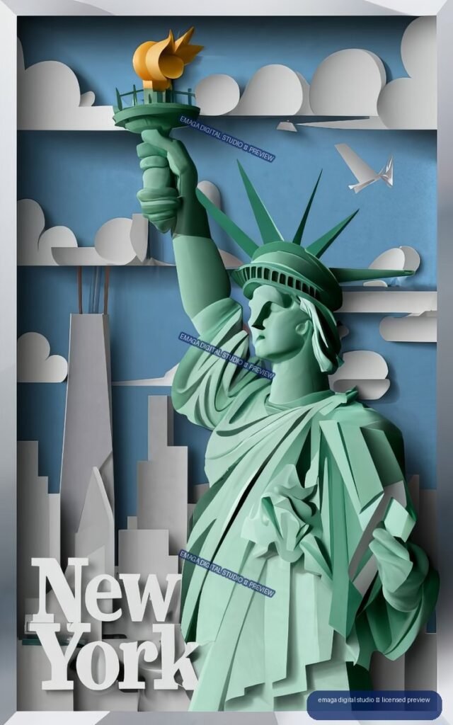 Stylized paper-cut travel poster of the Statue of Liberty with a golden torch, geometric skyline, clouds, airplane, and New York text.
