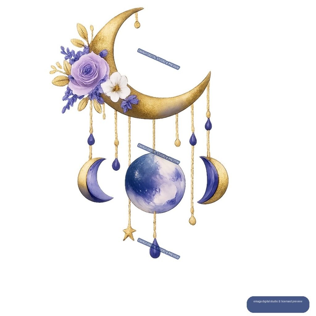 Golden crescent moon with purple flowers, smaller crescent moons, hanging beads, stars, and a blue-violet orb.