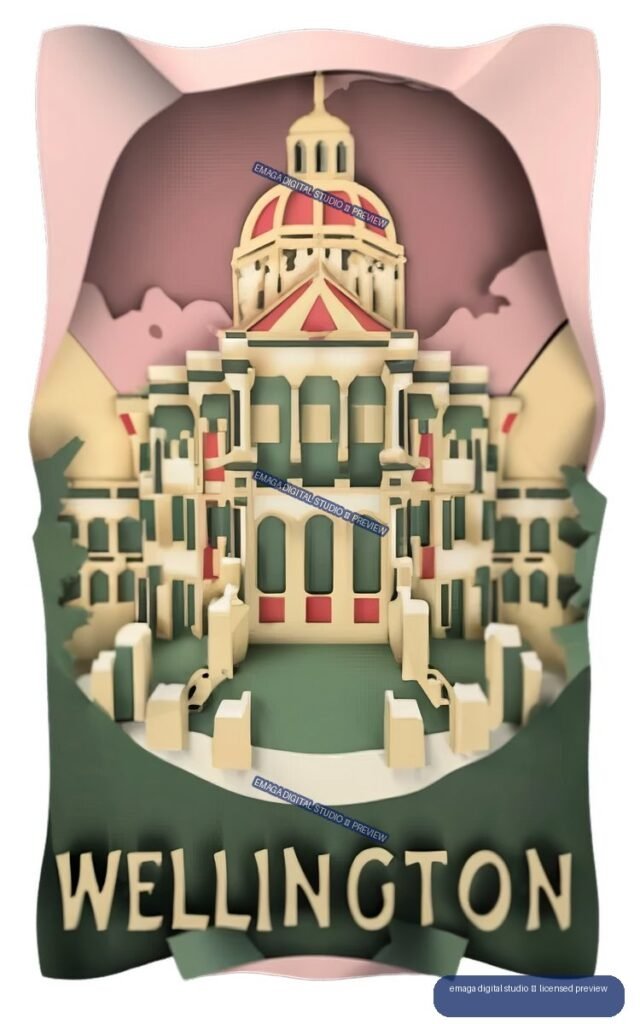 Stylized Wellington travel poster showing a domed classical building in cream, red, and green, with large WELLINGTON lettering at the bottom.
