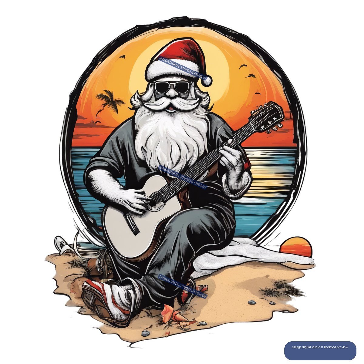 Illustration of Santa Claus wearing sunglasses and playing an acoustic guitar on a beach at sunset, framed by an ocean scene with palm trees and birds.