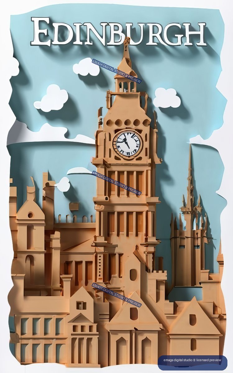 Paper-art depiction of Edinburgh with a central tan clock tower, surrounding buildings, clouds, and large EDINBURGH lettering.