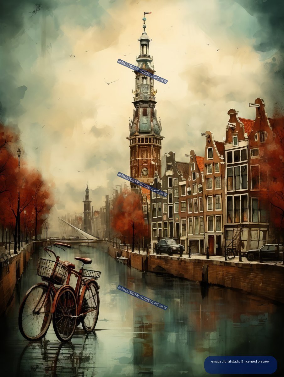 Painterly Amsterdam canal scene with bicycles, narrow gabled houses, autumn trees, reflections, and a tall ornate church tower beneath a cloudy sky.