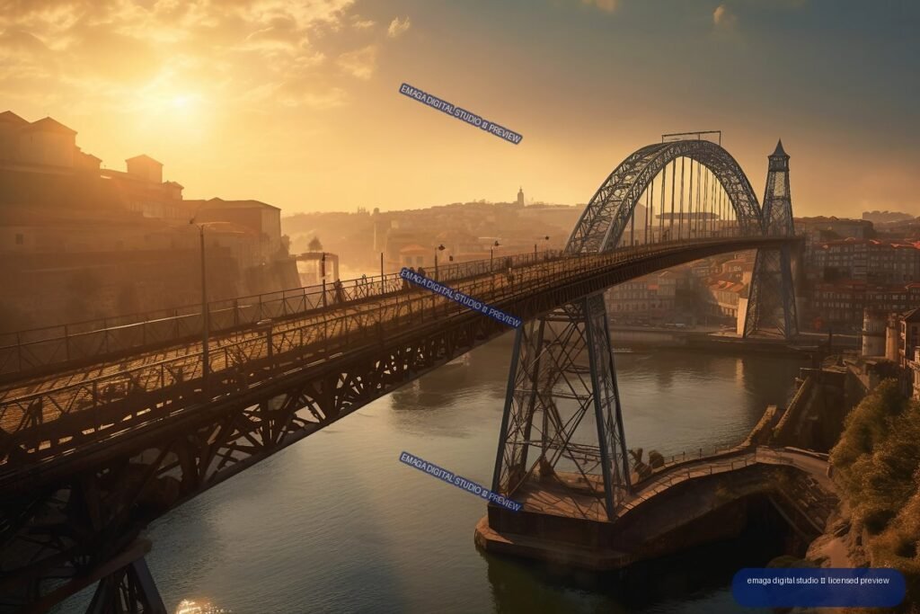 Dom Luís I Bridge spanning the Douro River in Porto at sunset, with historic buildings and hills in the background.