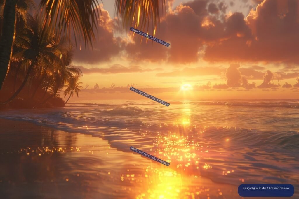 Golden sunrise over a rippling tropical ocean, with silhouetted palm trees on the left and glowing clouds overhead.