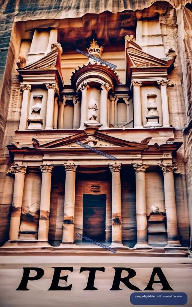 Vertical poster showing Petra’s rock-cut Treasury façade in warm sandstone tones, with columns, carved details, surrounding rock, and the word PETRA at the bottom.