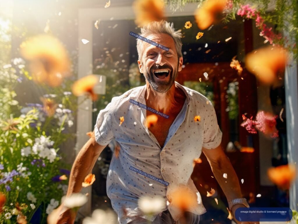 Smiling bearded man in a light shirt moving through a sunlit flower-filled garden as petals fly around him.