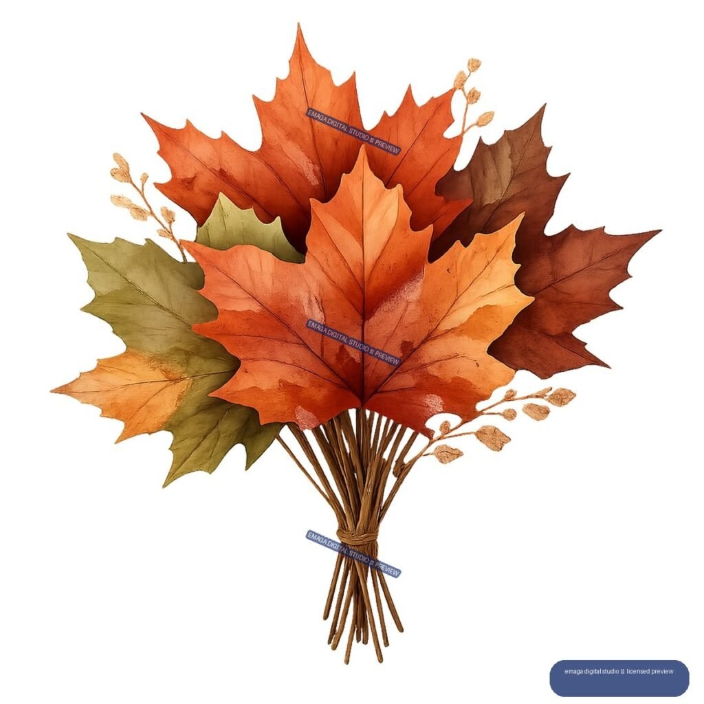 Watercolor illustration of a tied bouquet of orange, red, brown, and green maple leaves with dried sprigs.