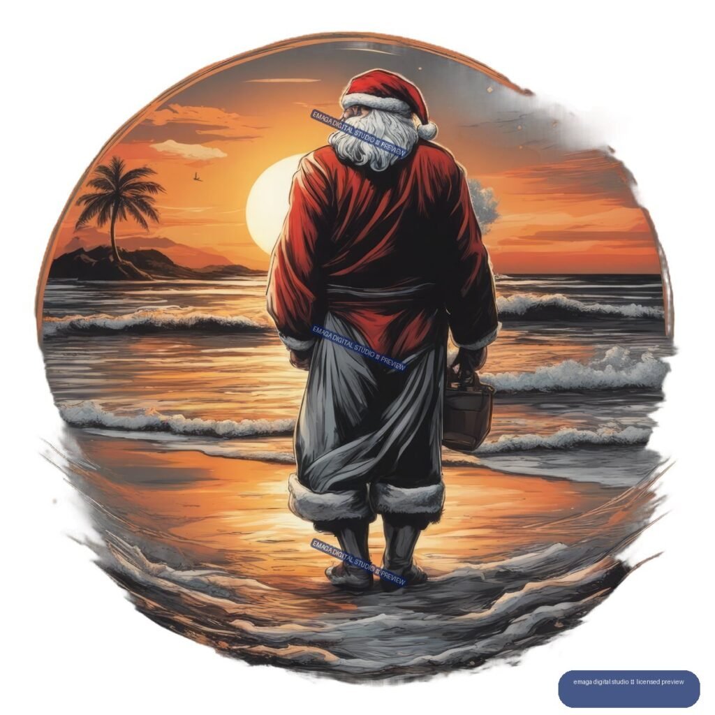 Santa Claus stands in shallow water facing an orange sunset at a tropical beach, with waves and a palm tree.