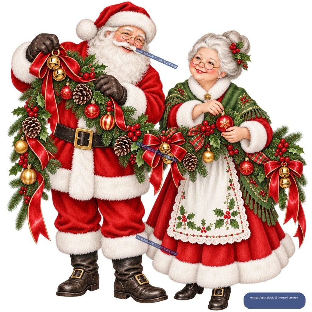 Santa Claus and Mrs. Claus in festive red and green clothing surrounded by decorated evergreen garlands, ribbons, bells, ornaments, pinecones, and berries.