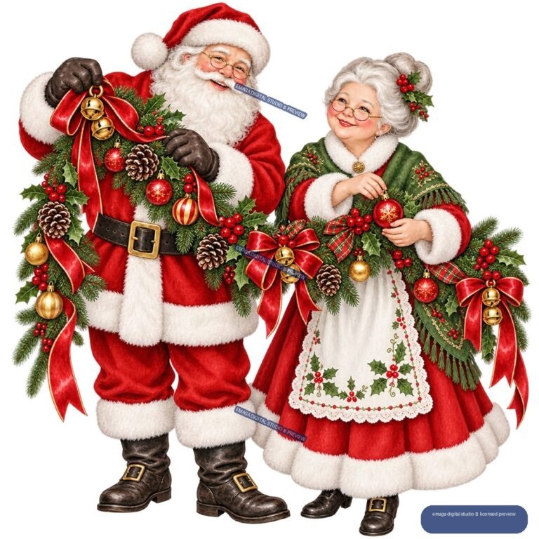 Watercolor Santa and Mrs. Claus Christmas Illustration - No. 001518