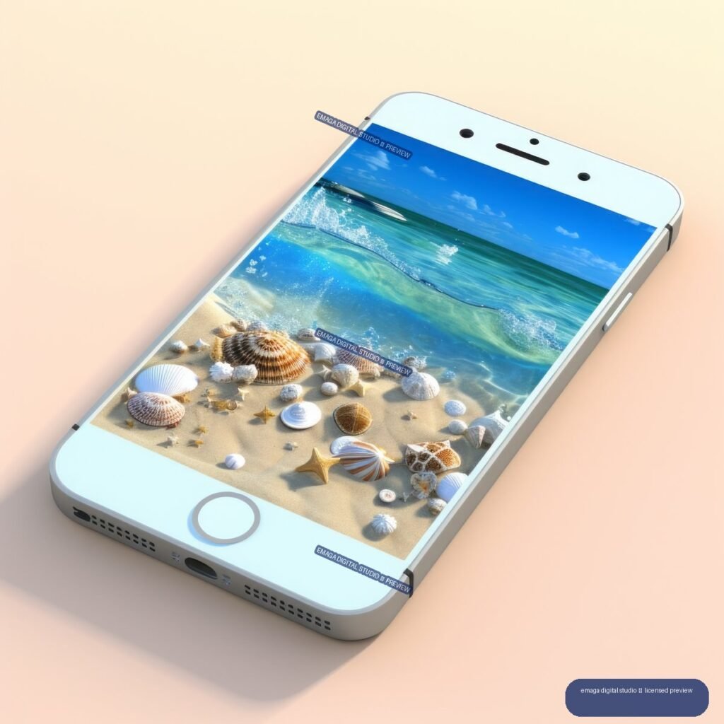 Angled white smartphone displaying turquoise ocean waves, sandy beach, shells, stones, and starfish.