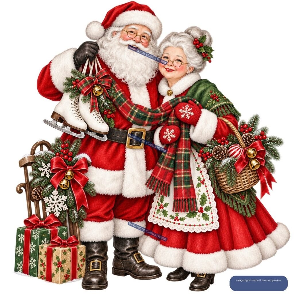 Santa Claus and Mrs. Claus in festive red and green clothing, surrounded by gifts, evergreen decorations, bows, bells, and a sled.