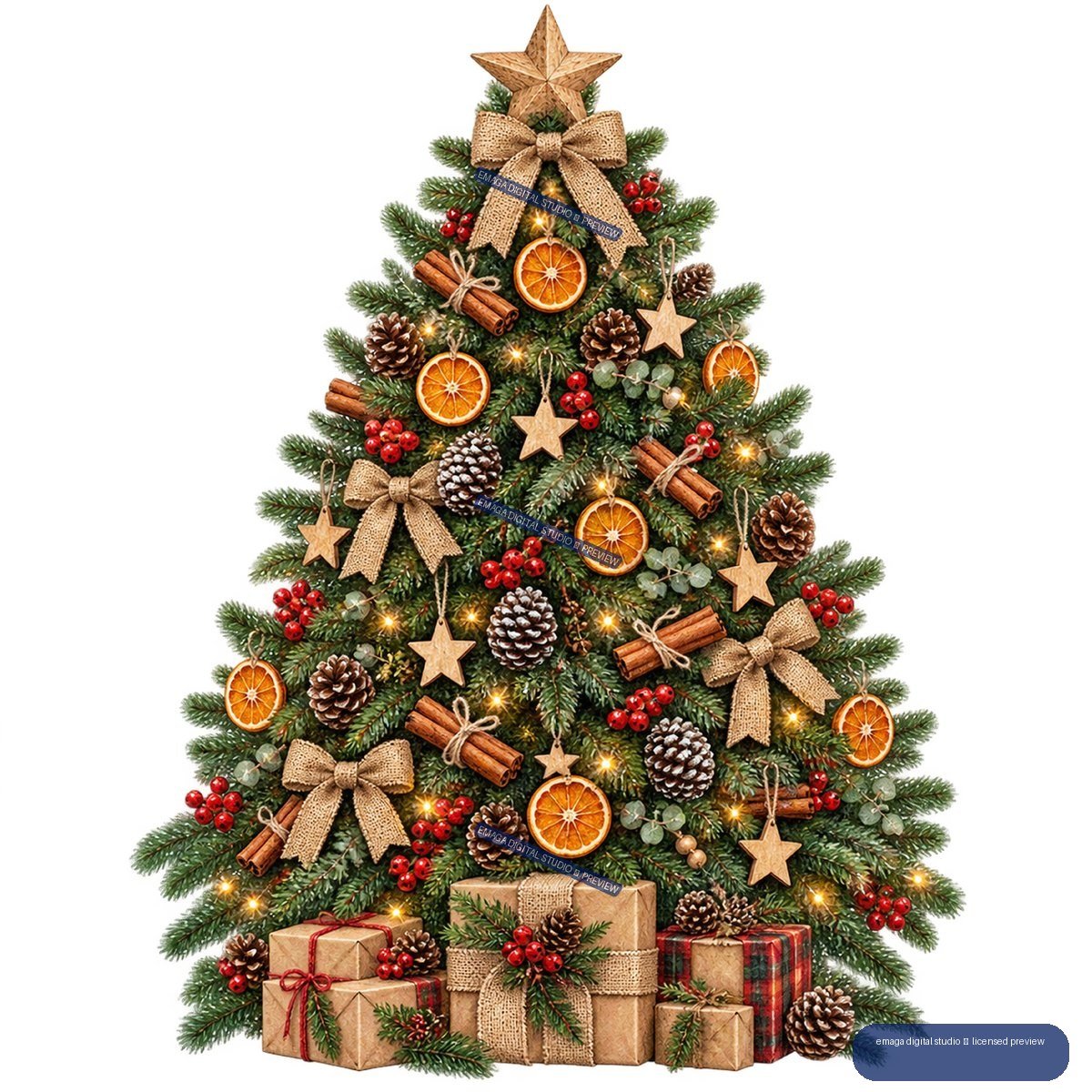 Decorated evergreen Christmas tree with rustic ornaments, lights, and wrapped gifts beneath it.