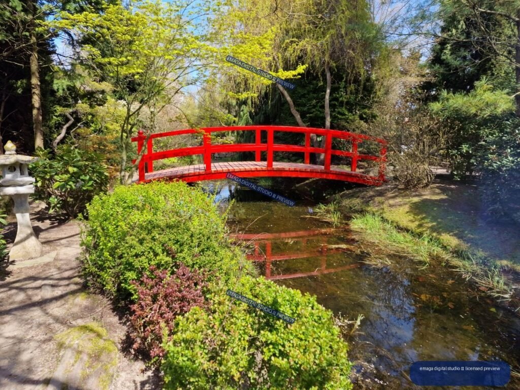 Red Japanese-Style Bridge at Hortulus Gardens, Dobrzyca, Poland