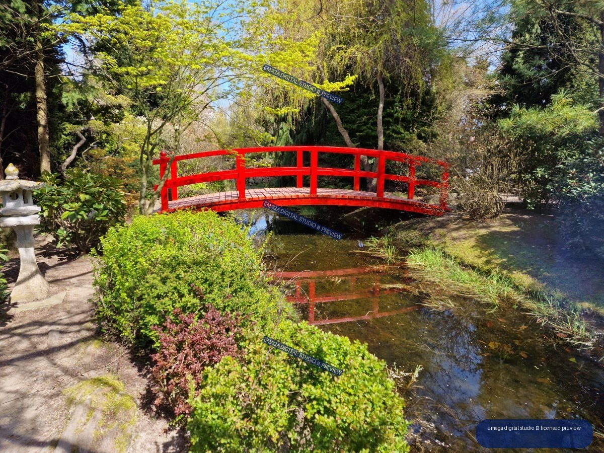 Red Japanese-Style Bridge at Hortulus Gardens, Dobrzyca, Poland