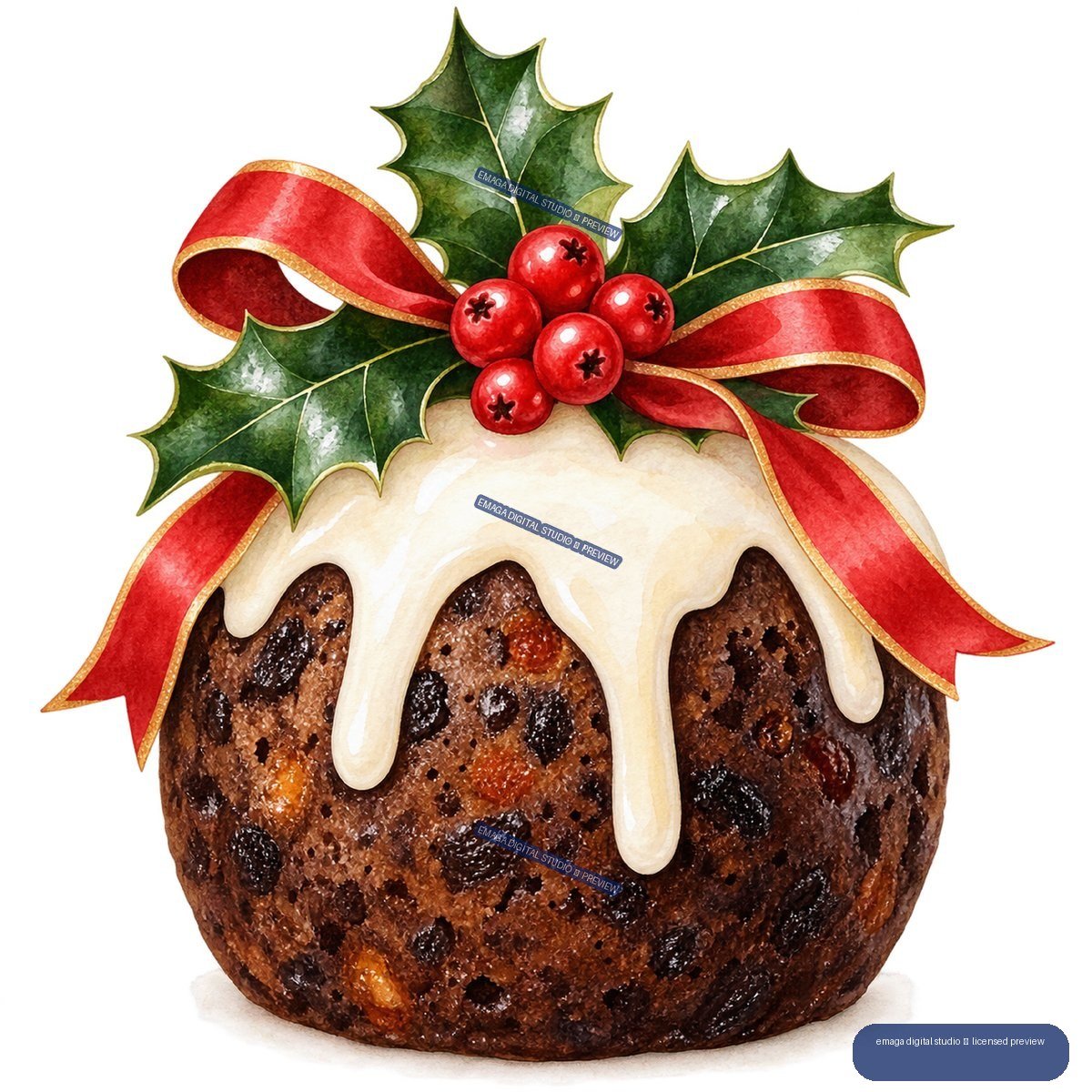 Watercolor Christmas pudding with white icing, holly leaves, red berries, and a red ribbon.