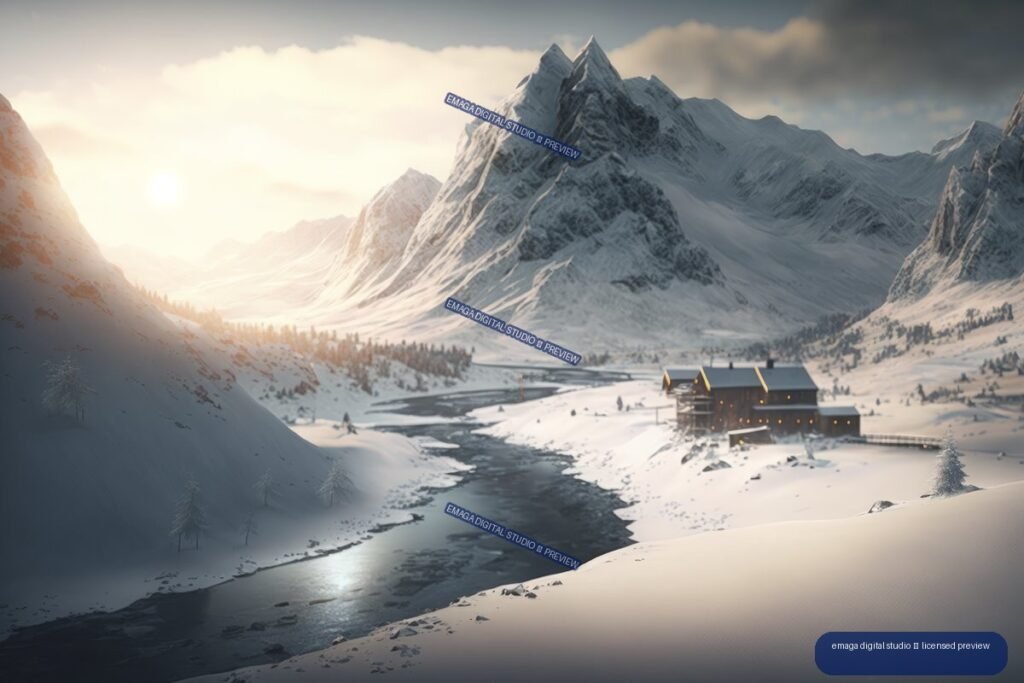 Snowy mountain valley with a winding partially frozen river, warm-lit lodge, conifers, and sunset light.
