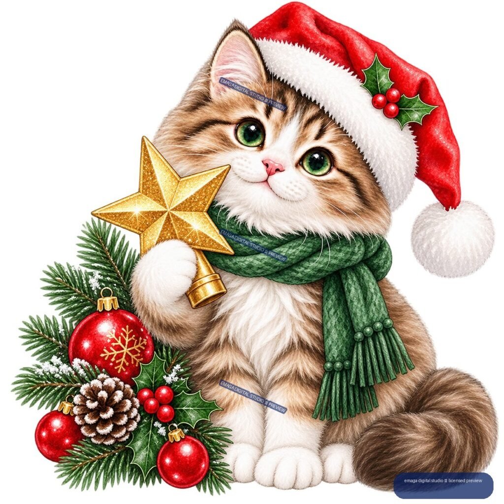 Fluffy tabby-and-white cat wearing a Santa hat and green scarf, holding a golden star beside decorated evergreen branches with red ornaments and holly.