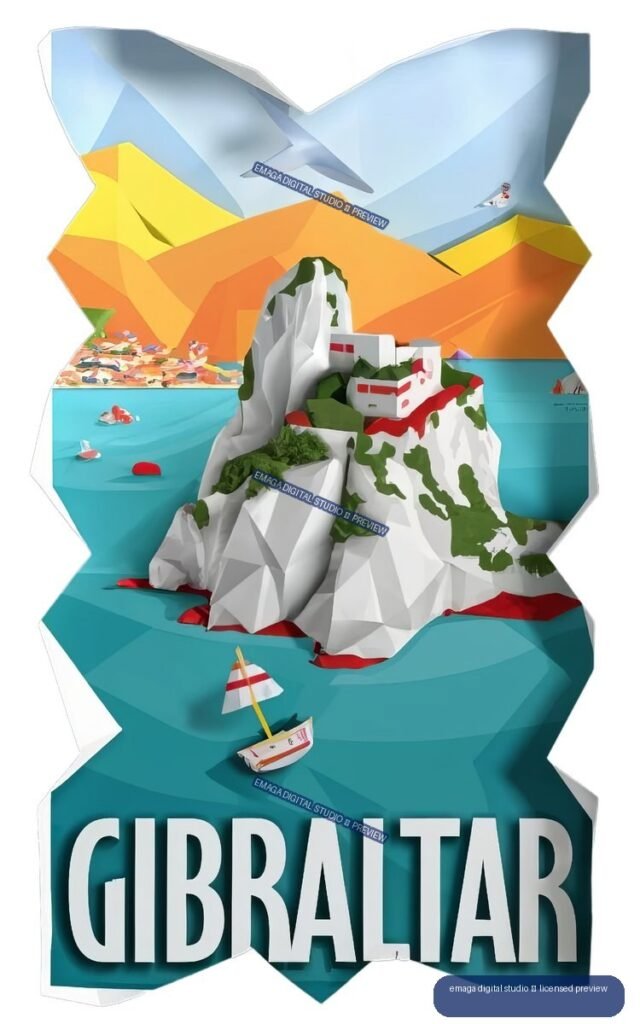 Paper-art travel poster of Gibraltar’s Rock with boats, sea, angular mountains, and large GIBRALTAR lettering.