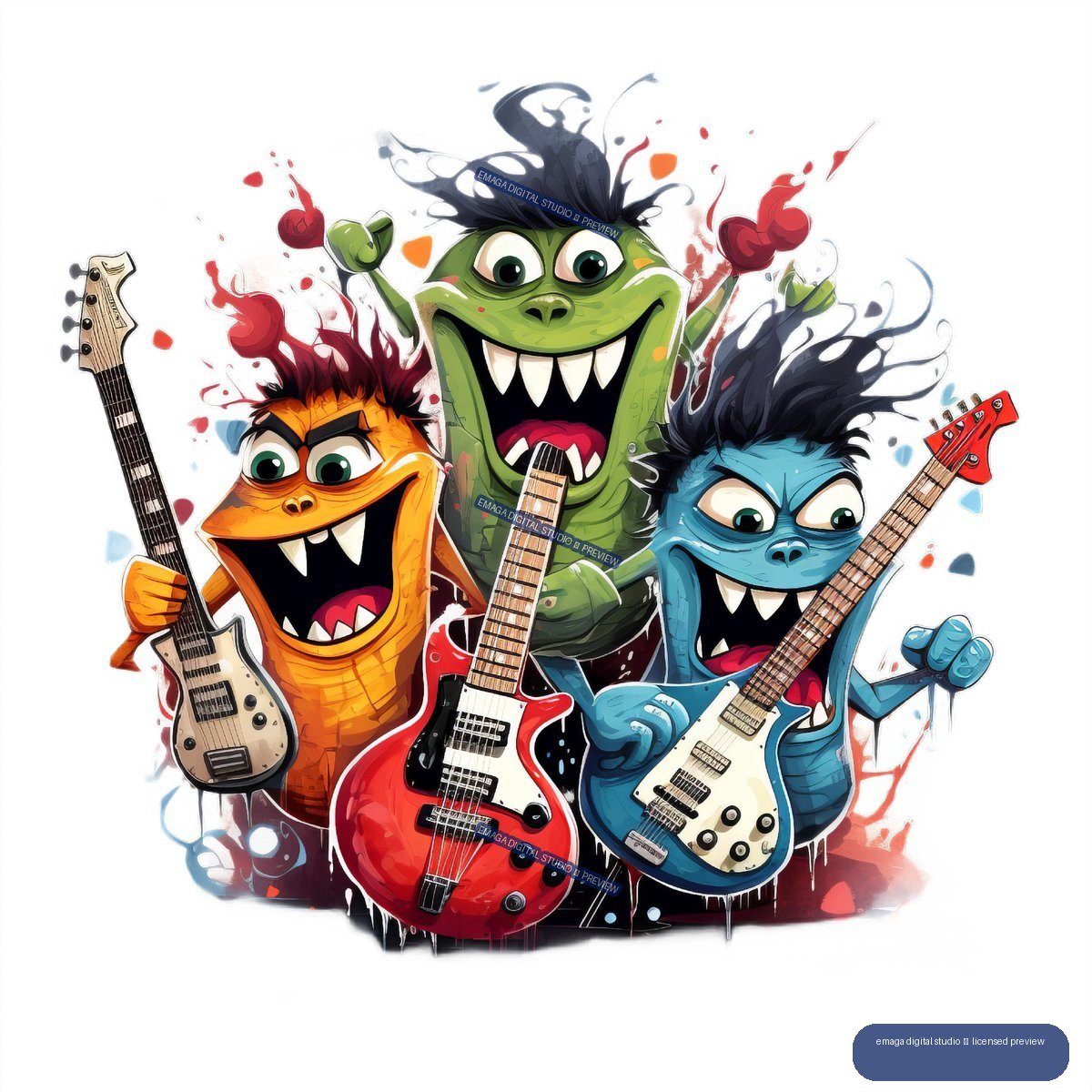 Three colorful cartoon monsters with large teeth play electric guitars amid energetic paint splashes.