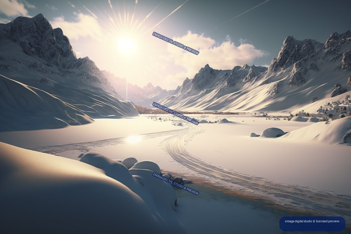 Snow-covered mountain valley with winding tracks, rugged peaks, scattered clouds, and low winter sunlight.