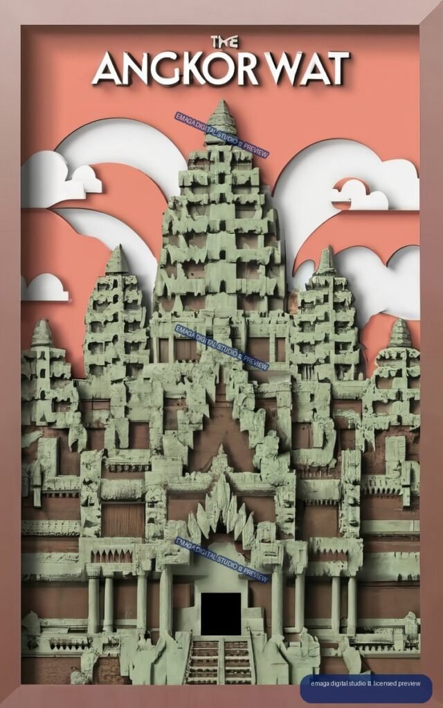 Stylized relief-like travel poster showing Angkor Wat temple towers and façade against a coral-pink background with white cloud shapes and bold title text.