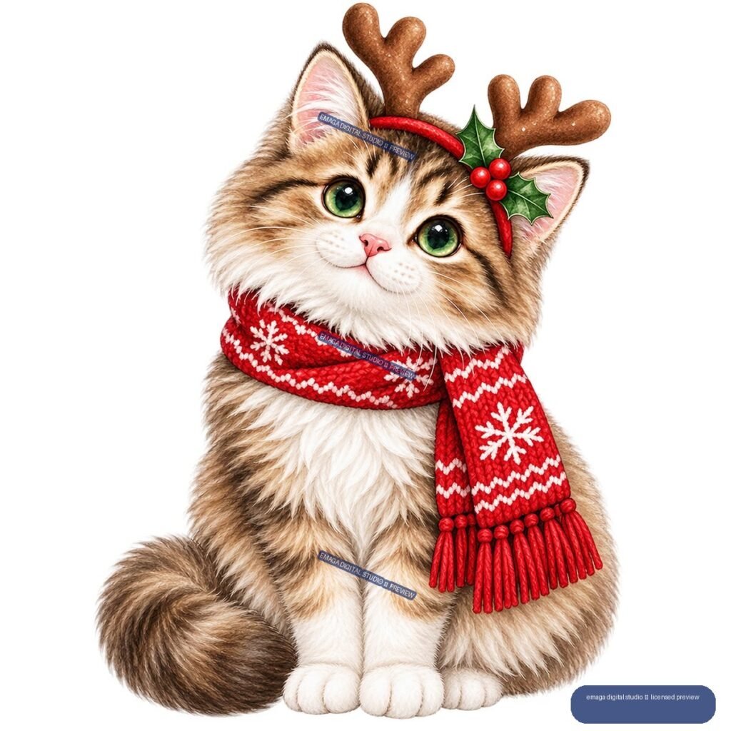 Fluffy brown-and-white cat wearing a red snowflake scarf and reindeer antler headband with holly.