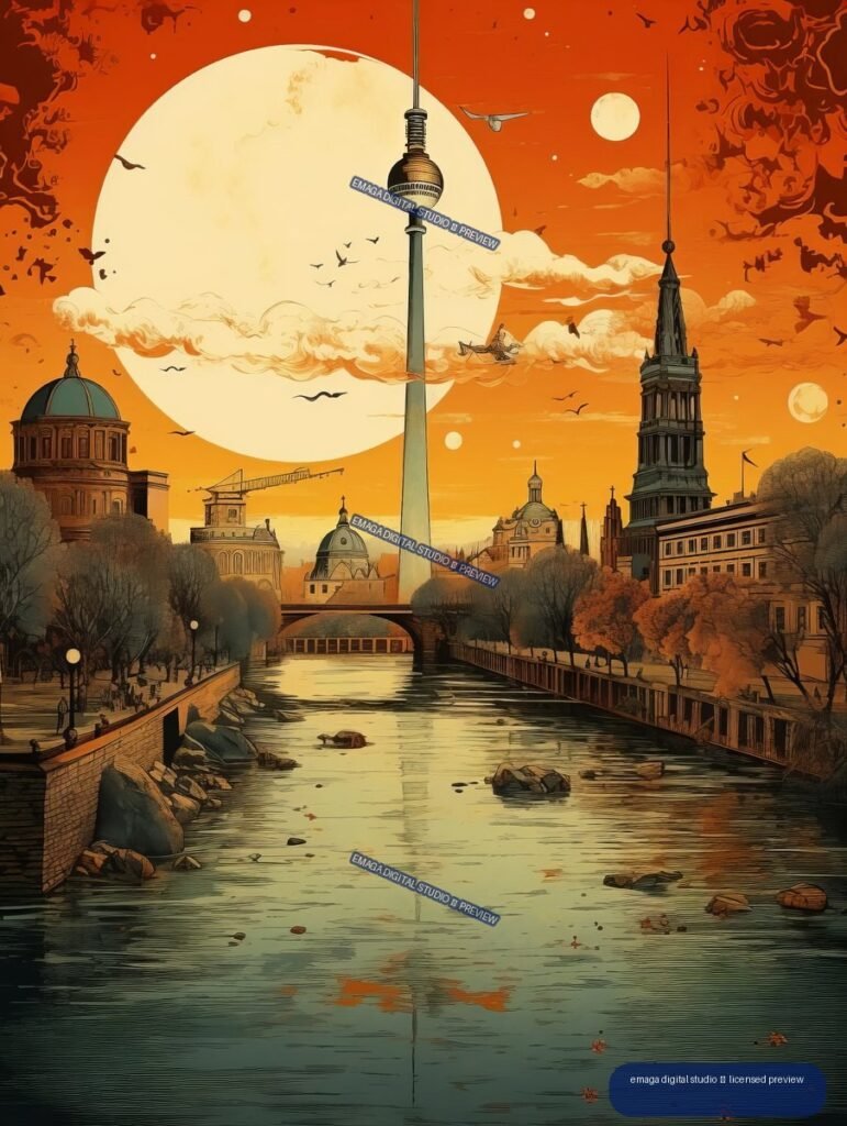 Stylized orange travel poster of Berlin buildings and a tall television tower reflected in a canal beneath a huge pale moon.