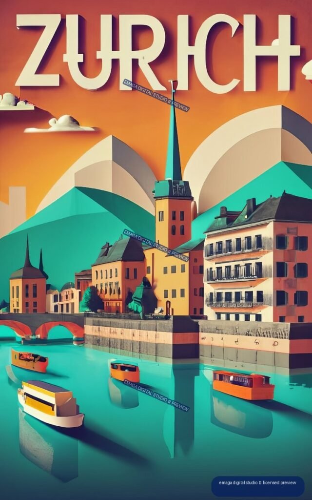 Stylized Zürich poster showing church towers, mountain forms, colorful historic buildings, boats, and reflections on turquoise water beneath large cream lettering.