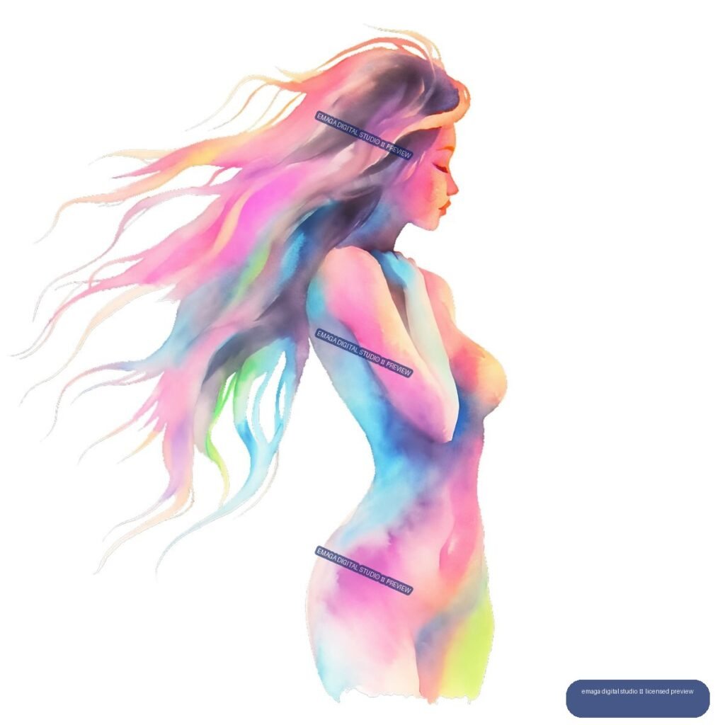 Watercolor illustration of a nude woman in right-facing profile with long multicolored hair flowing left.
