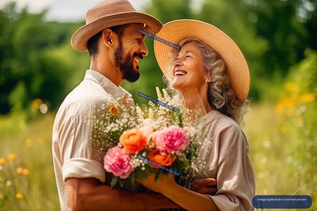 Smiling adult man presents a colorful flower bouquet to an older woman in sun hats in a sunlit meadow.