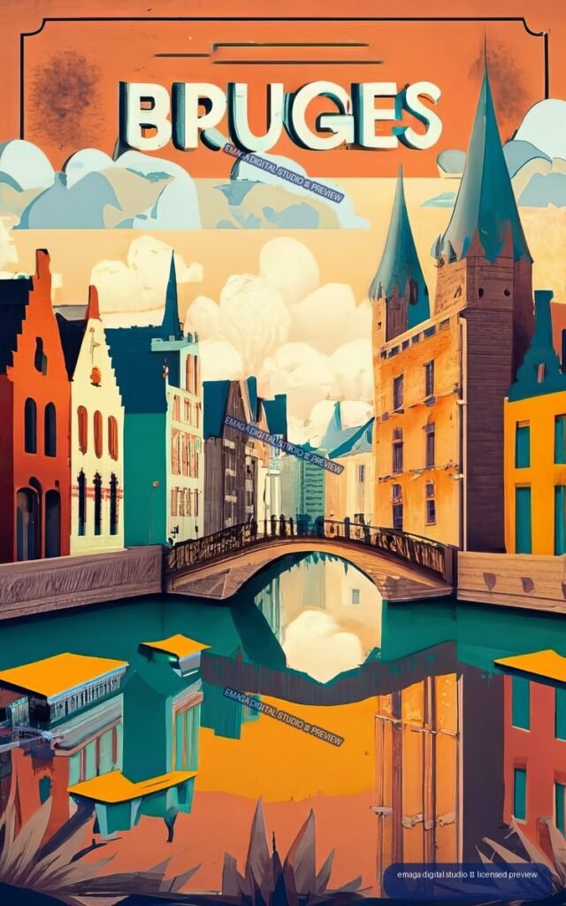 Vintage-style poster of Bruges showing colorful canal-side buildings, an arched bridge, pointed towers, clouds, and large BRUGES lettering.