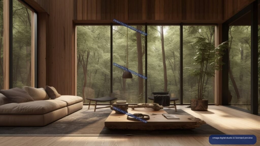 Minimalist wood-paneled living room with a sofa, low coffee table, and forest view through large windows.