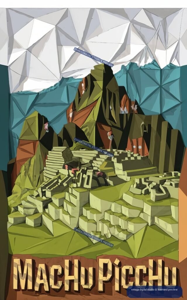 Stylized geometric travel poster of Machu Picchu ruins, mountains, clouds, and large MACHU PICCHU lettering.