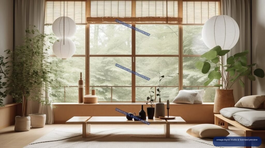 Warm minimalist living room with a low wooden table, floor cushions, paper pendant lamps, potted plants, and large wood-framed windows overlooking greenery.