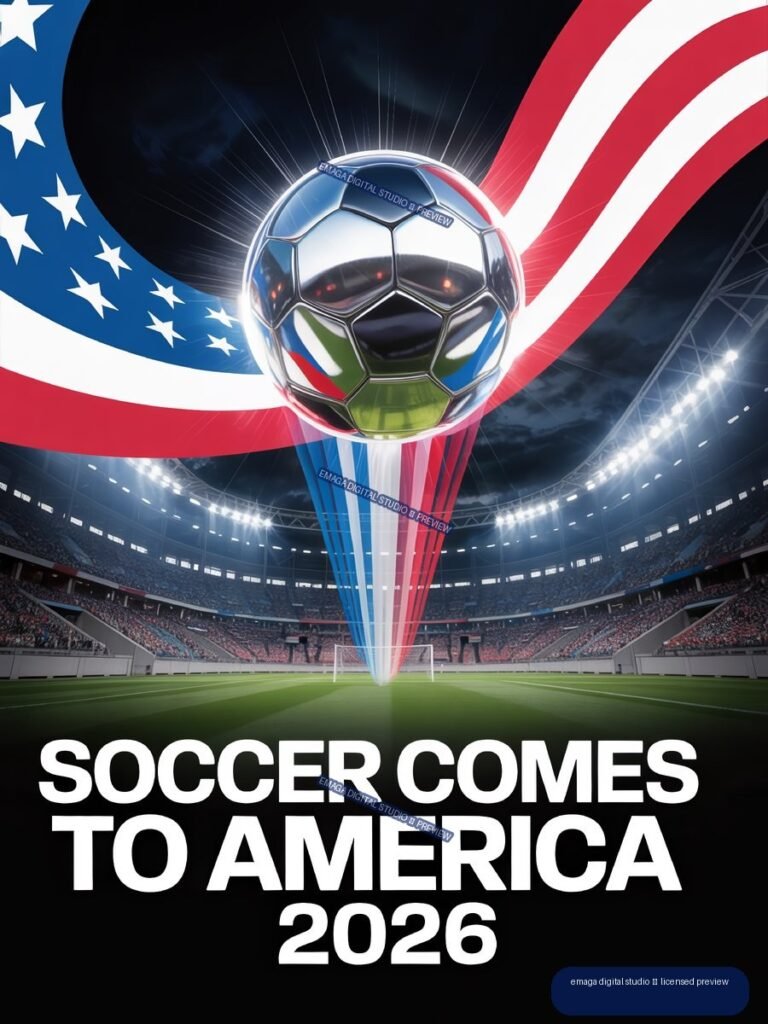 Reflective soccer ball above a lit stadium field, surrounded by red, white, and blue flag-like ribbons and stars, with text reading “SOCCER COMES TO AMERICA 2026.”