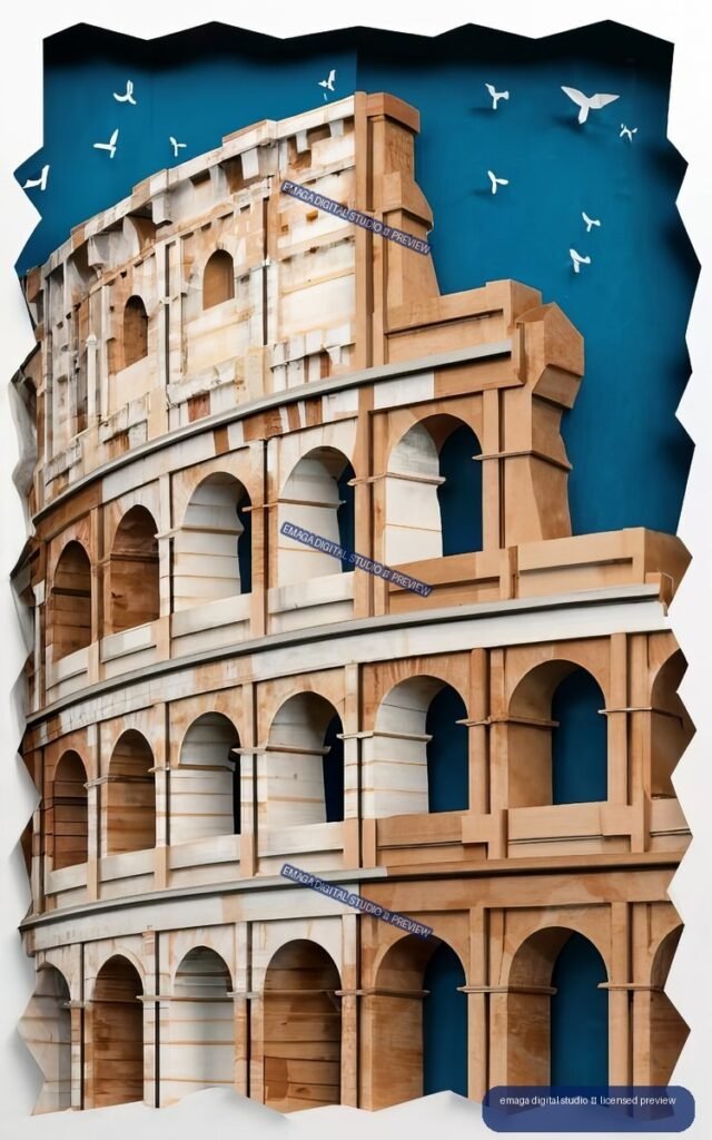 Layered paper-art depiction of the Colosseum with repeated arches, a deep blue backdrop, and white birds.