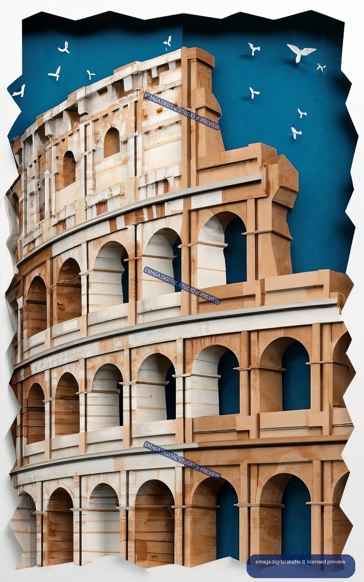 Layered paper-art depiction of the Colosseum with repeated arches, a deep blue backdrop, and white birds.