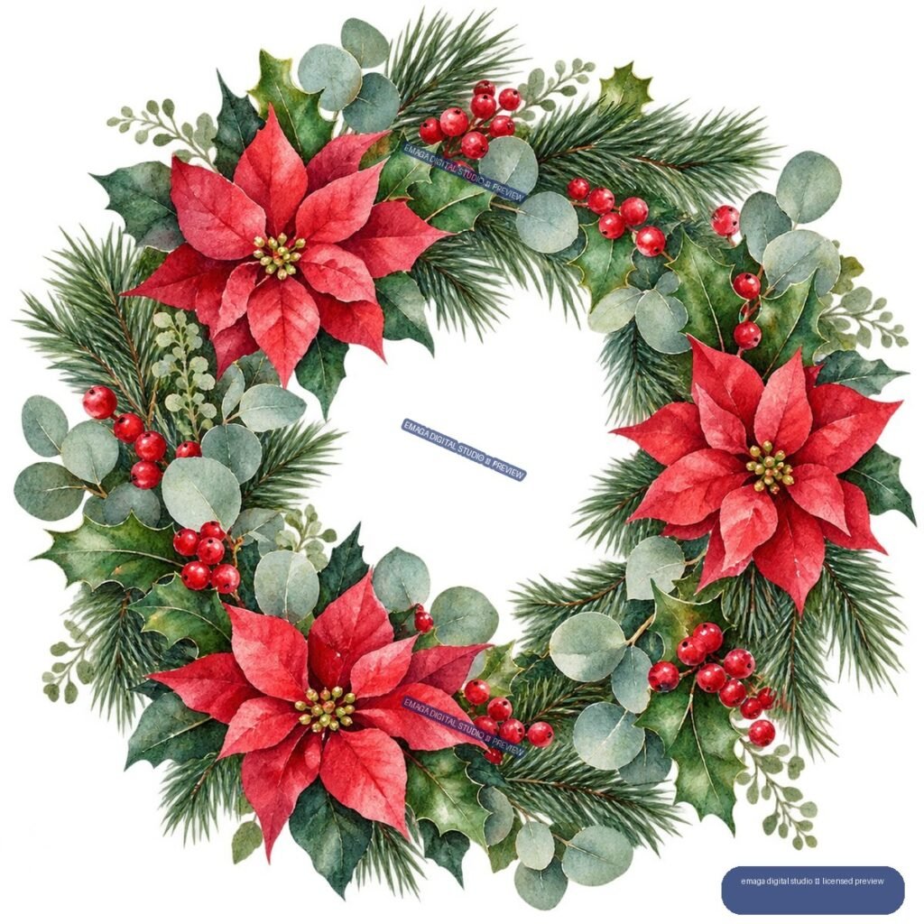 Watercolor Christmas wreath with three red poinsettias, pine branches, holly, eucalyptus, and red berries surrounding an open center.