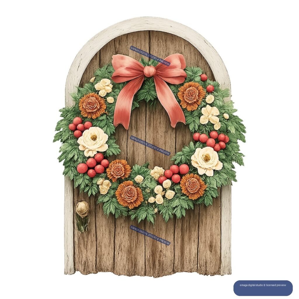 Rustic arched wooden door with a green Christmas wreath, red bow, berries, and cream and orange flowers.