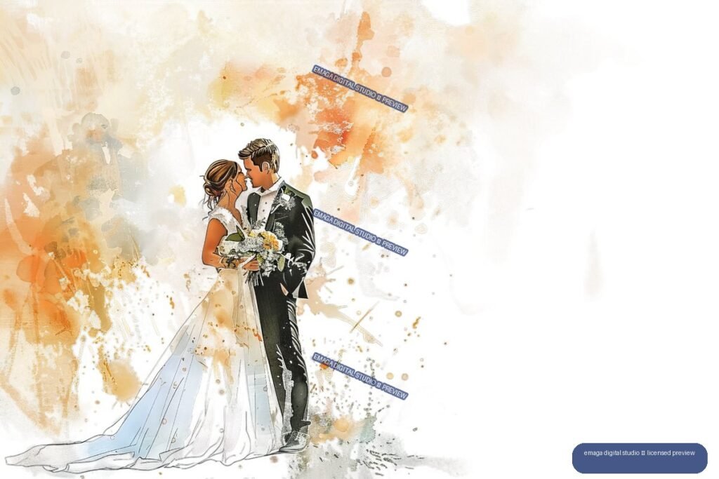 Watercolor illustration of a bride and groom embracing, with the bride holding a bouquet and wearing a long white train beside a groom in a dark suit, surrounded by warm abstract paint washes.