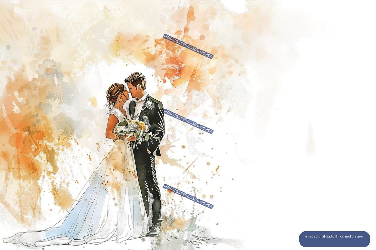 Watercolor illustration of a bride and groom embracing, with the bride holding a bouquet and wearing a long white train beside a groom in a dark suit, surrounded by warm abstract paint washes.