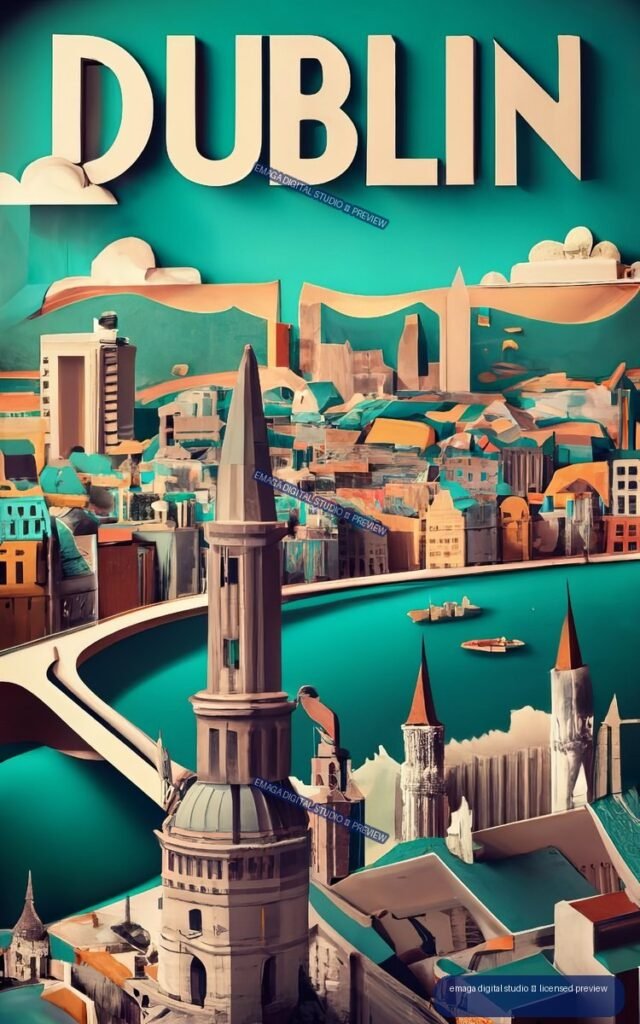 Vertical illustrated poster of Dublin with large cream DUBLIN lettering above a colorful cityscape of rooftops, towers, bridges, and waterways.