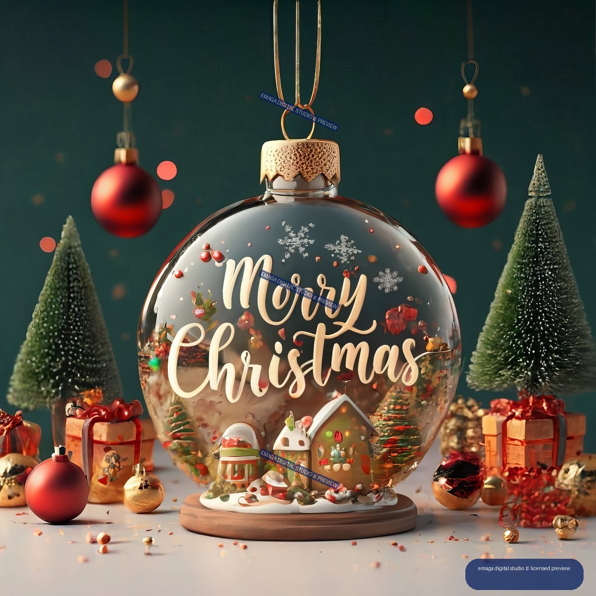 Large glass Christmas ornament reading Merry Christmas, surrounded by red baubles, miniature evergreen trees, gifts, and holiday decorations.