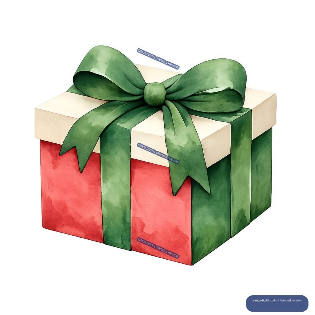 Watercolor illustration of a red Christmas gift box with a cream lid and large green bow.