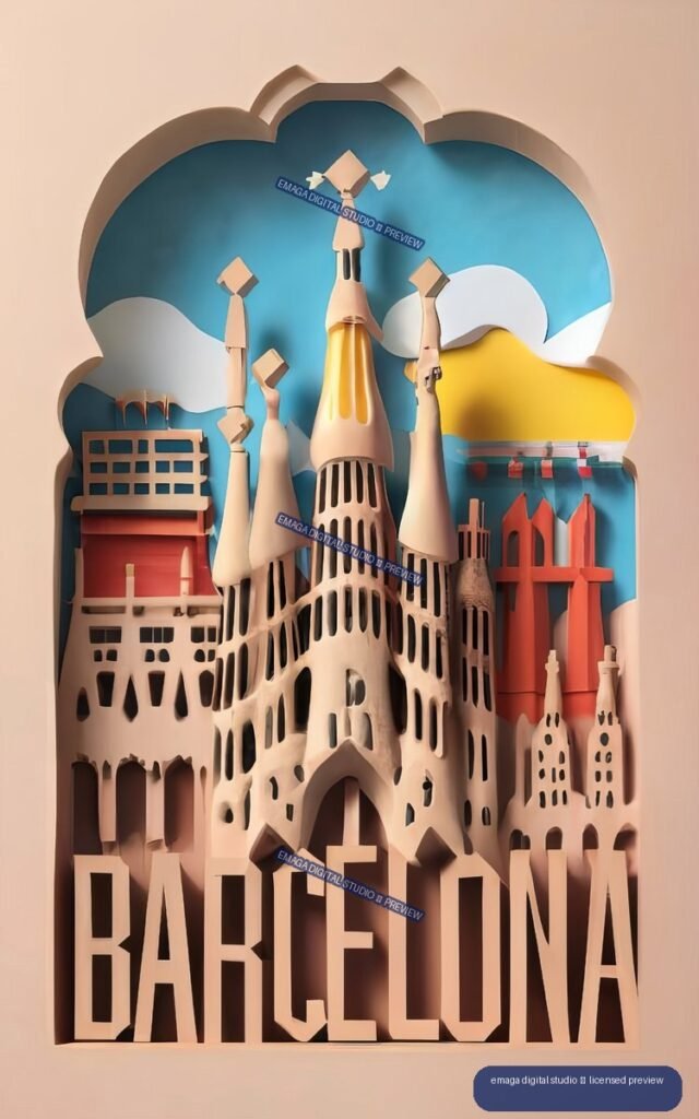 Layered paper-art poster of Barcelona featuring a Sagrada Família-inspired basilica, colorful buildings, clouds, and large BARcelona lettering.
